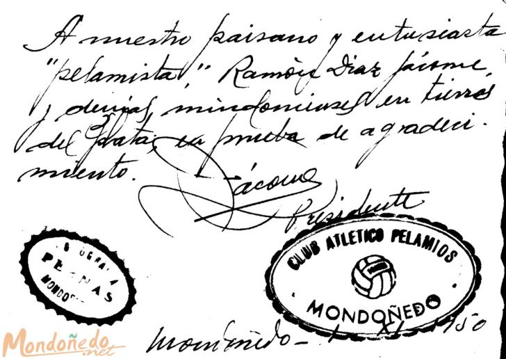 Dedicatoria
Dedicatoria a Ramón Díaz Jácome de la foto del C. A. Pelamios (01-11-1950)
